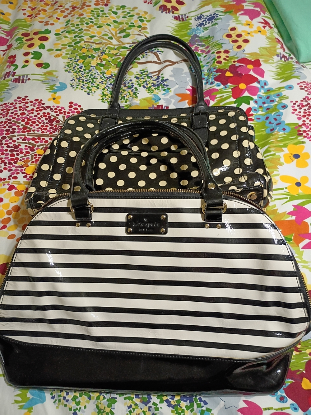 Kate Spade Black & White Striped Dome Satchel And Black Satchel With Cream  Dots